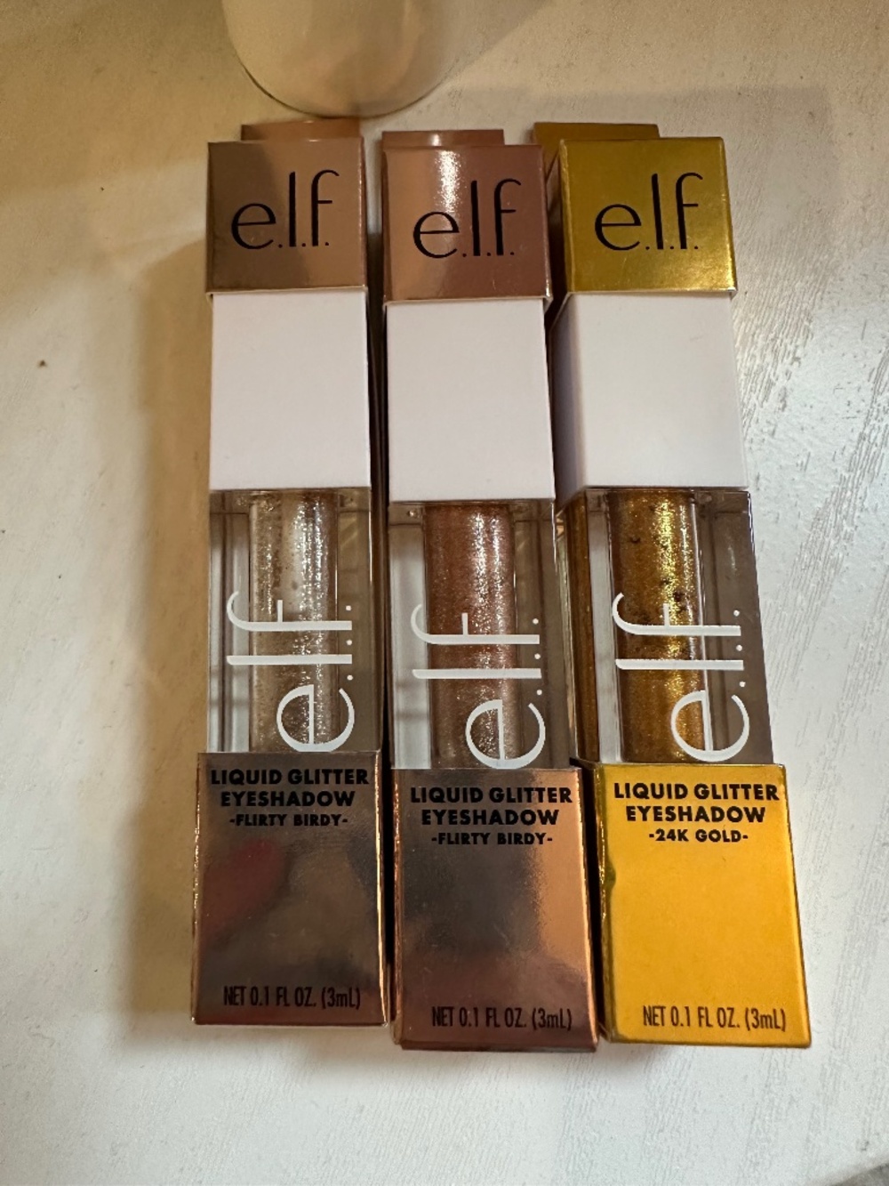 e.l.f. Liquid Glitter Eyeshadow Bundle of 3 Flirty Birdy 24k Gold New in Box